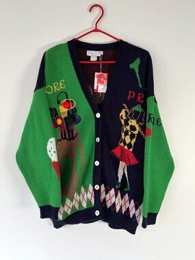 90s vintage colourful novelty golf theme thick pure cotton knit cardigan sweater